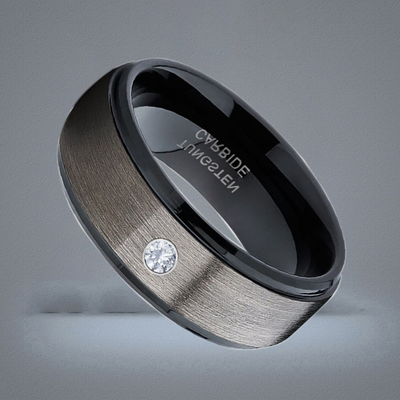 Men039s 8mm Silver Brushed Black edge Tungsten Carbide Ring Diamond wedding band Jewelry for Men US Size 613