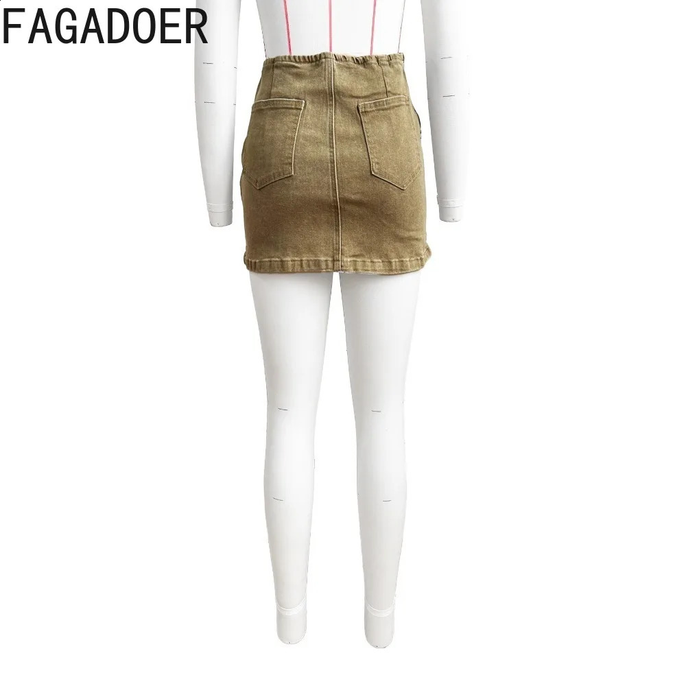 FAGADOER Retro Fashion Y2K Brown Embroidery Denim Skirts Women High Waisted Elasticity Mini Skirt Summer Matching Bottoms 240725