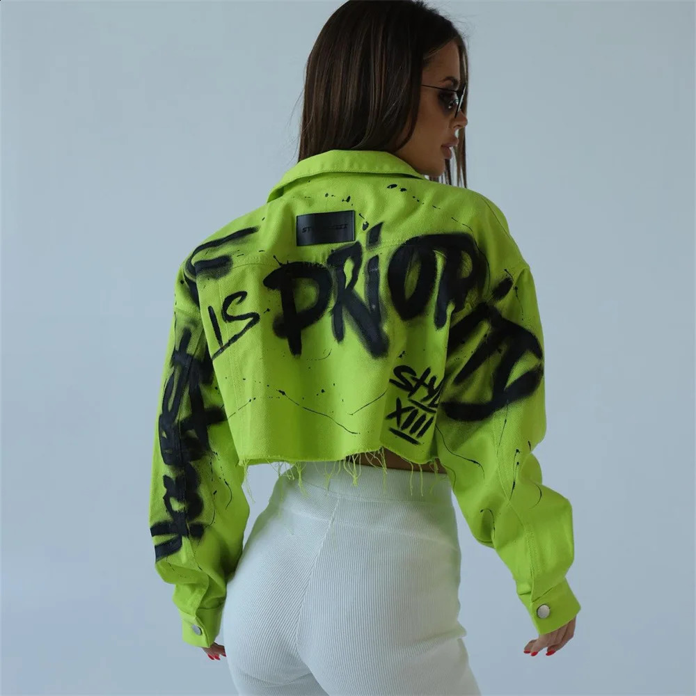 Orange Cropped Jeans Jacket for Women Short Denim Jacket Graffi Streetwear Rough Selvedge Lapel Tops Outerwear Summer 240723