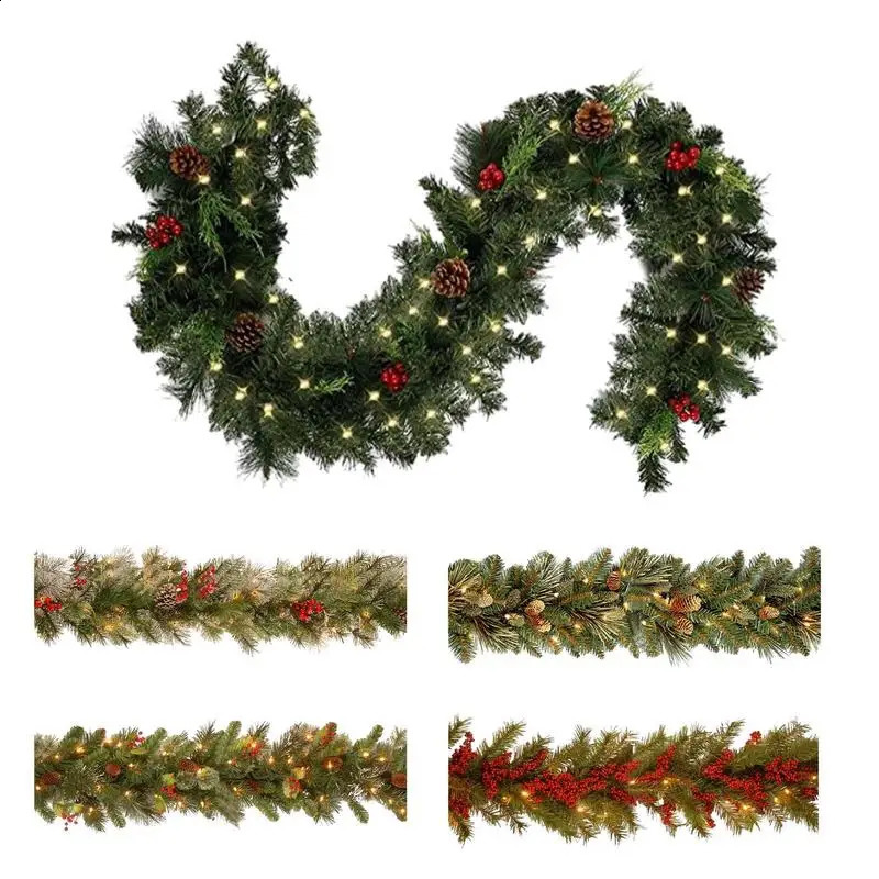 Christmas Garland 1.8M Artificial Fir Garland With LED Lights Christmas Creative Garland With Red Fruits And Pine Cones Decor 240718