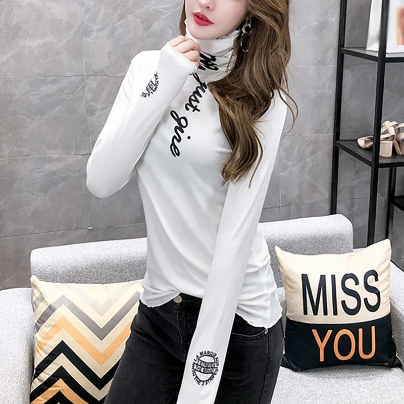 Womens simple casual thick letter printed T-shirt womens fashionable ultra-thin high neck long sleeved bottom wild casual T-shirt 240826