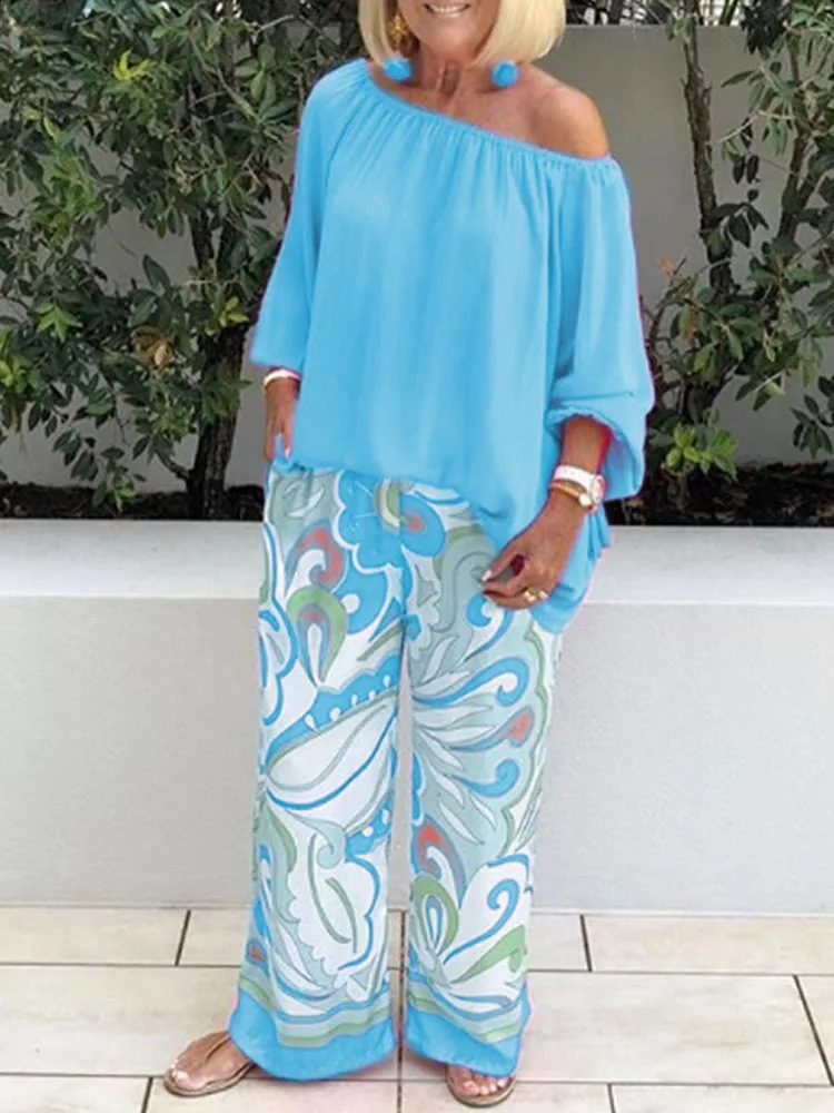 grace sexy One shoulder Loose Long Sleeved T Shirt Set Womens Spring Autumn Leisure Printed Wide Leg Trousers Shirt Two Piece 240813
