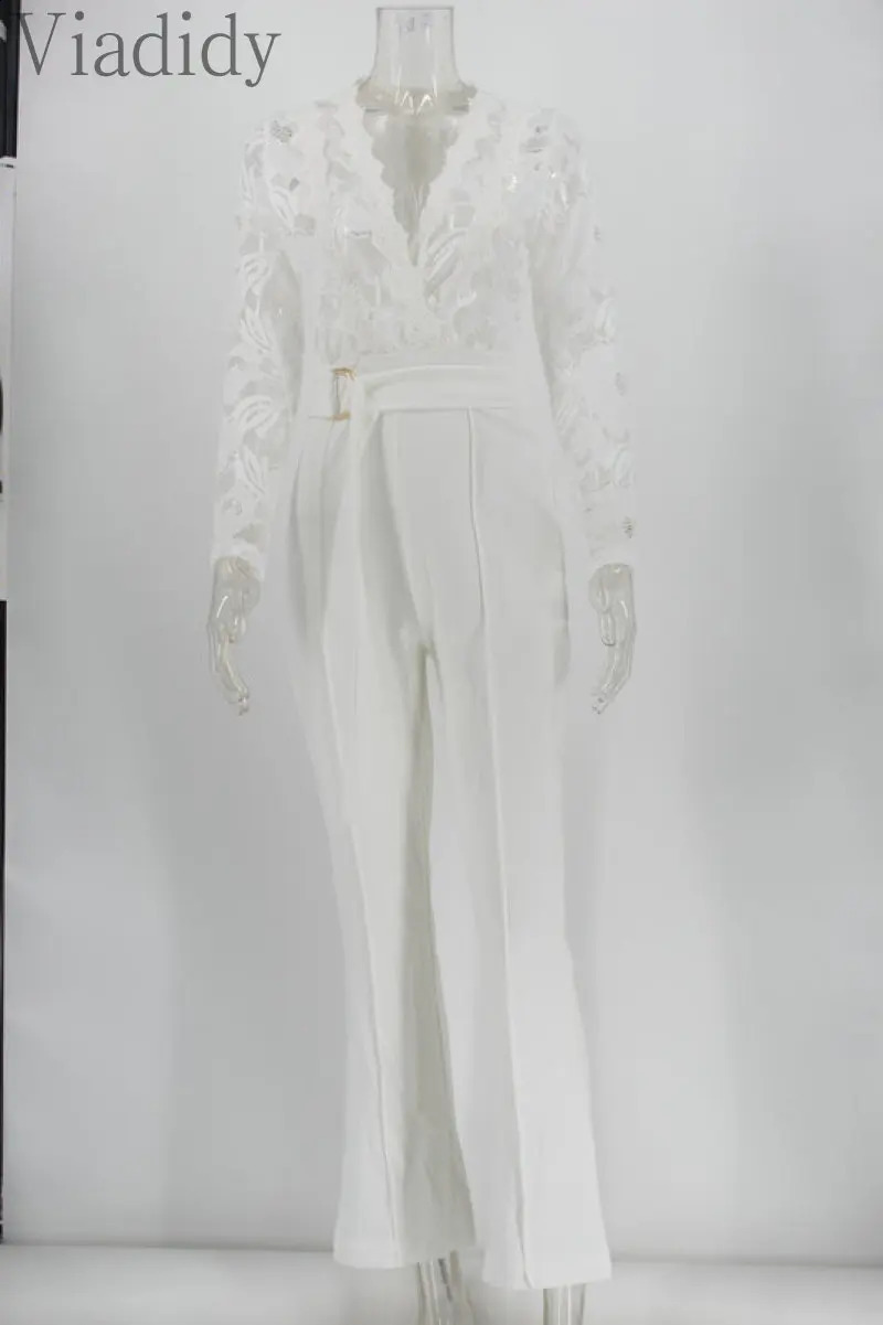 Women White Lace Bodice Insert Bodycon Wide Leg Jumpsuit 240813