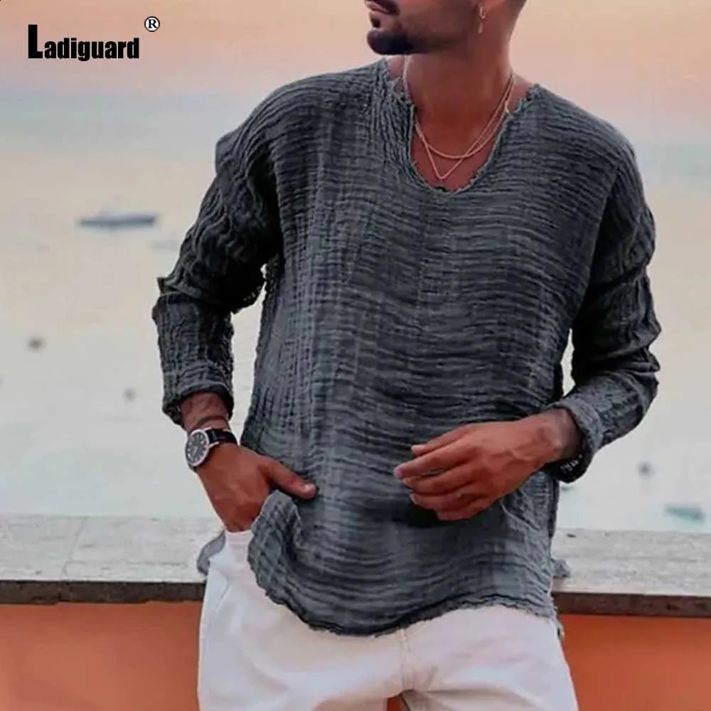 Mens Patchwork T-shirt Men Long Sleeve Fashion Ripped Cotton Tops Latest Summer Casual Linen Pullovers Sexy Mens clothing 240812