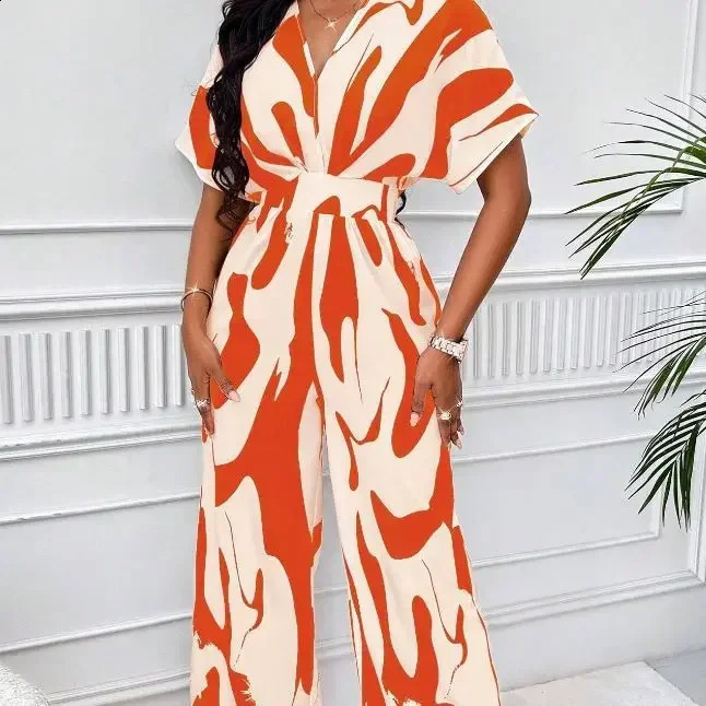 One Piece Women Print V Neck Half Sleeve Loose Wide Leg Long Pants Overalls Casual Splice Romper Tight High Waist Jumpsuits 240725