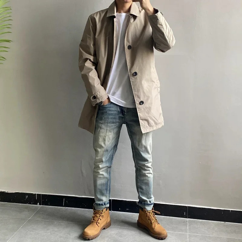 Mens Windproof Mid Length Warm Trench Coat Japanese Style Simple Casual Waterproof Overcoat Male Fashion Laple Business Jackets 240725