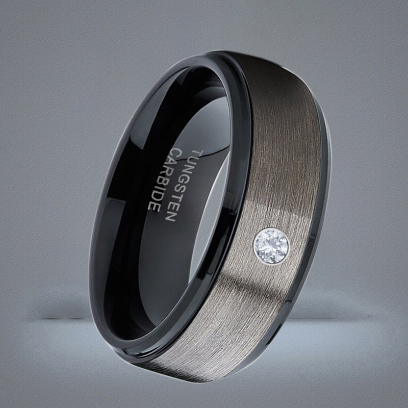Men039s 8mm Silver Brushed Black edge Tungsten Carbide Ring Diamond wedding band Jewelry for Men US Size 613