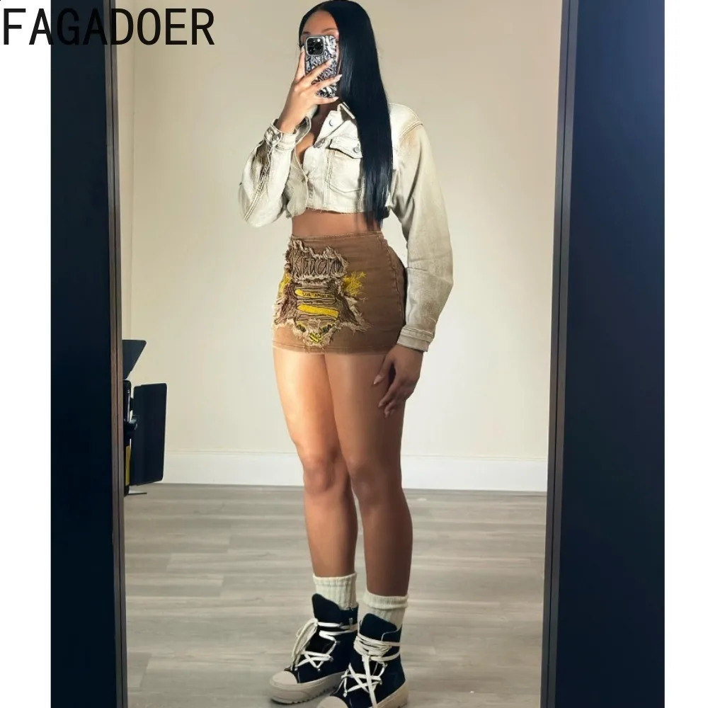 FAGADOER Retro Fashion Y2K Brown Embroidery Denim Skirts Women High Waisted Elasticity Mini Skirt Summer Matching Bottoms 240725