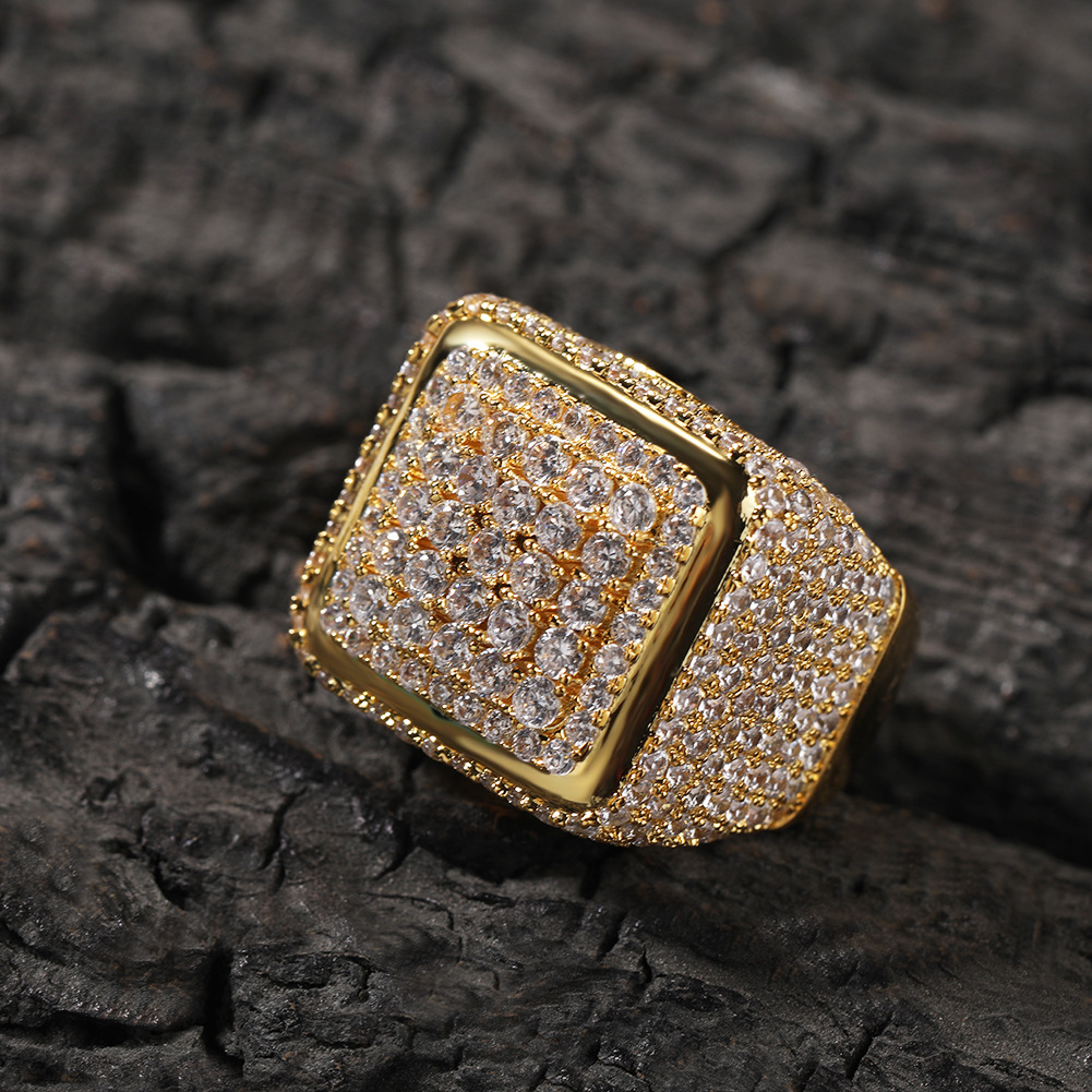 Hip Hop Retro Big Cube Ring 5A Cubic Zircon 18K Gold Plated Finger Ring Jewelry