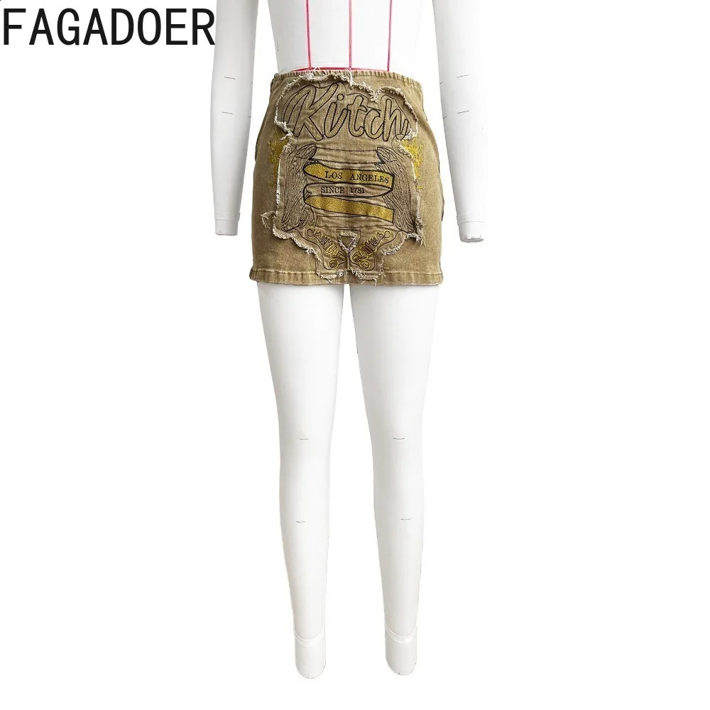 FAGADOER Retro Fashion Y2K Brown Embroidery Denim Skirts Women High Waisted Elasticity Mini Skirt Summer Matching Bottoms 240725