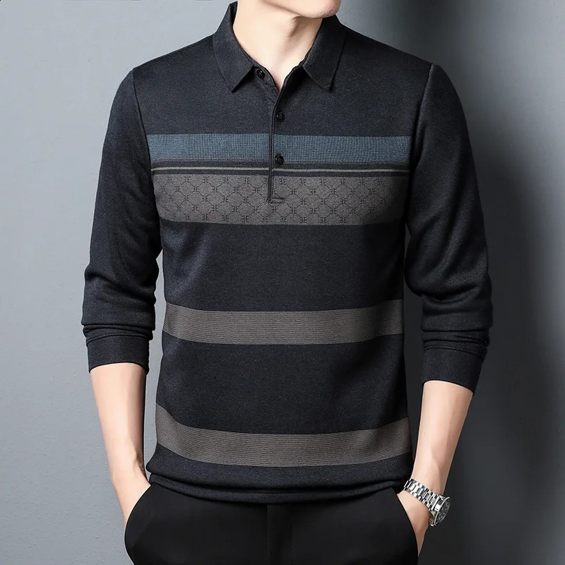 Mens Autumn Clothes Top Long-sleeved T-shirt Fashion Casual Mens Loose Striped Polo Shirt 240824