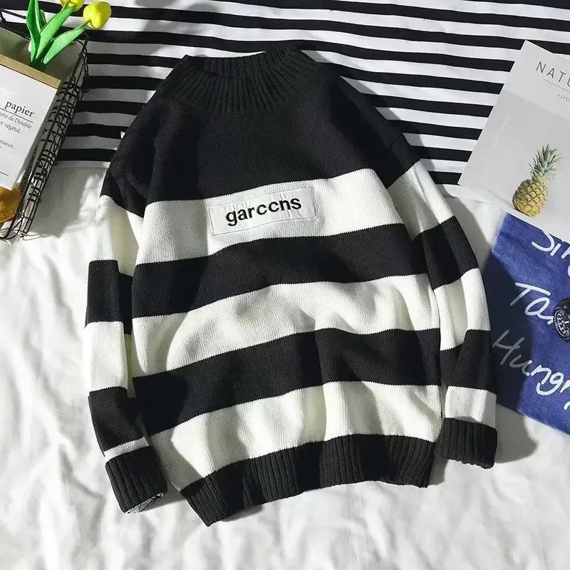 Knitted Sweaters for Men Pullovers Plain Round Collar Man Clothes Solid Color Crewneck Torn with Holes Black Over Fit Knit A Old 240821