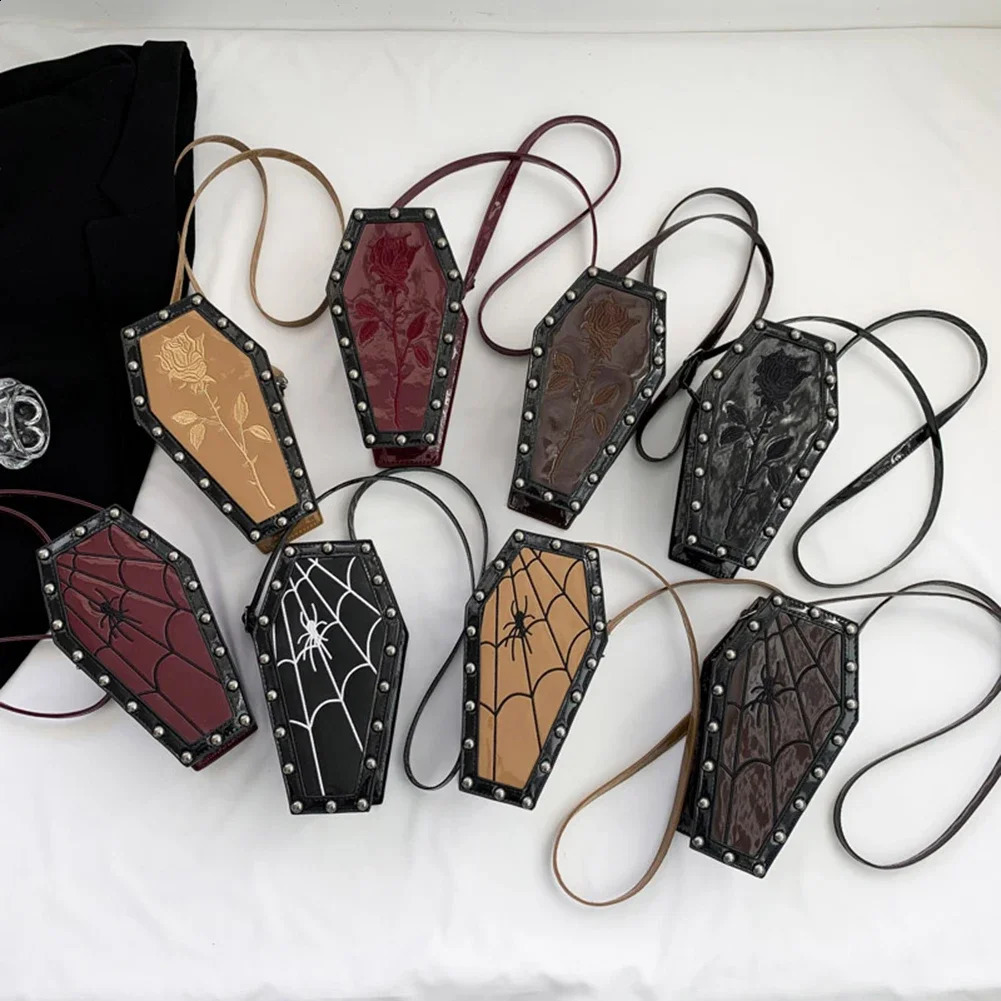 Novelty Halloween Coffin Shaped Satchel 3D Cartoon PU Rose Spider Crossbody Bag Y2K Cellphone Bag Gothic Trend Sling Purses 240725