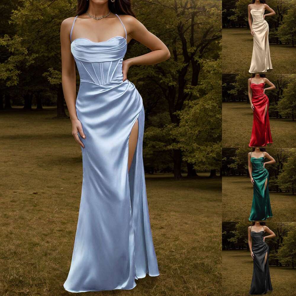 Spaghetti Strap Satin Corset for Prom Dresses Vestidos Fishbone Push Up Elegant Women Bodycon Party Long Dress