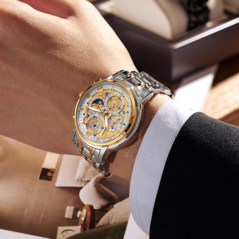 LIGE Men's Quartz Watch Multi-function Chronograph 24-hour Moon Phase Men's Business Waterproof watch stainless steel strap Quarzuhr