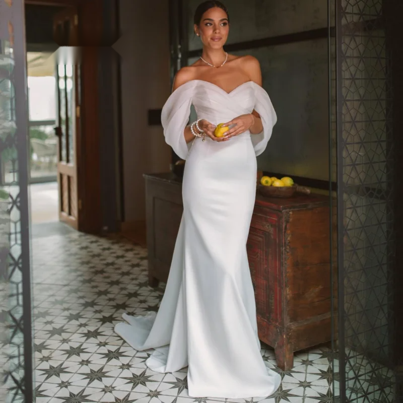 Elegant Sweetheart Mermaid Wedding Dress Women White Off The Shoulder Open Back Satin Bridal Gown Sweep Train Vestidos De Novia 0213