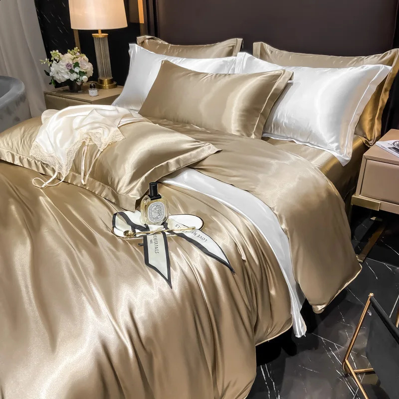 Real 100% Mulberry Silk Bedding Set with Duvet Cover FittedFlat Bed Sheet Pillowcase Solid Color 4pcs King Queen Twin Sets 240724
