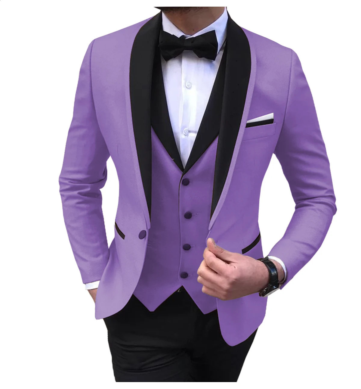 Blue Slit Mens Suits 3 Piece Black Shawl Lapel Casual Tuxedos for Wedding Groomsmen Men blazervestpants 240807