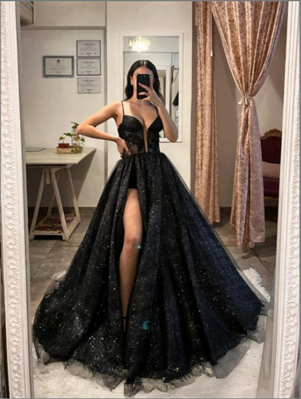 Jessica Black Glitter Prom Sexy Spaghetti Straps And High Slit Evening Dresses Princess Formal Ocns Party Dress 0213
