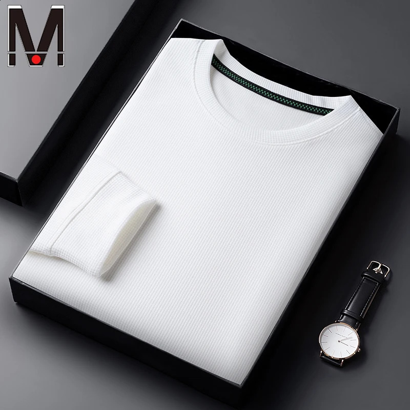 Mens Waffle Round Neck Long Sleeved T-shirt Summer Comfortable Top 240812