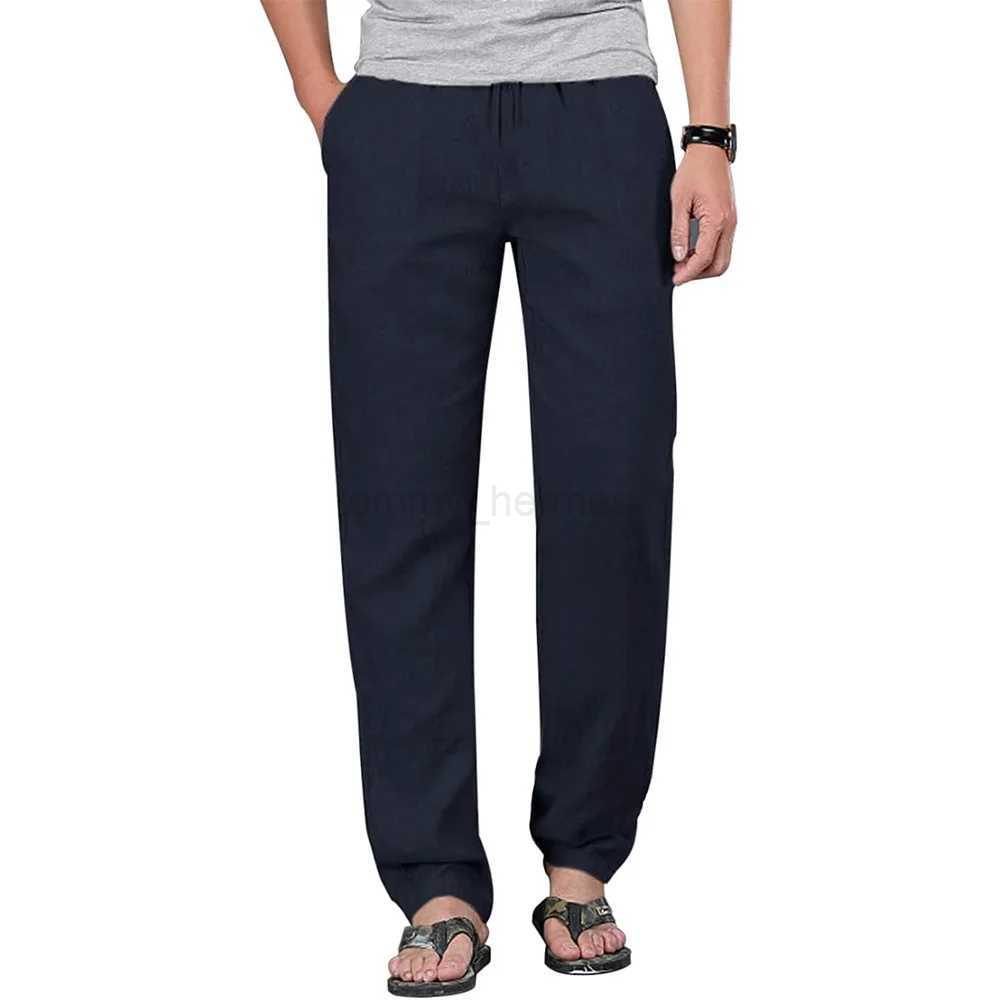 Mens cotton linen breathable drawstring pants with elastic waist casual jogging yoga pants beach bag loose Trouser mens sports pantsW240725 1 W250318