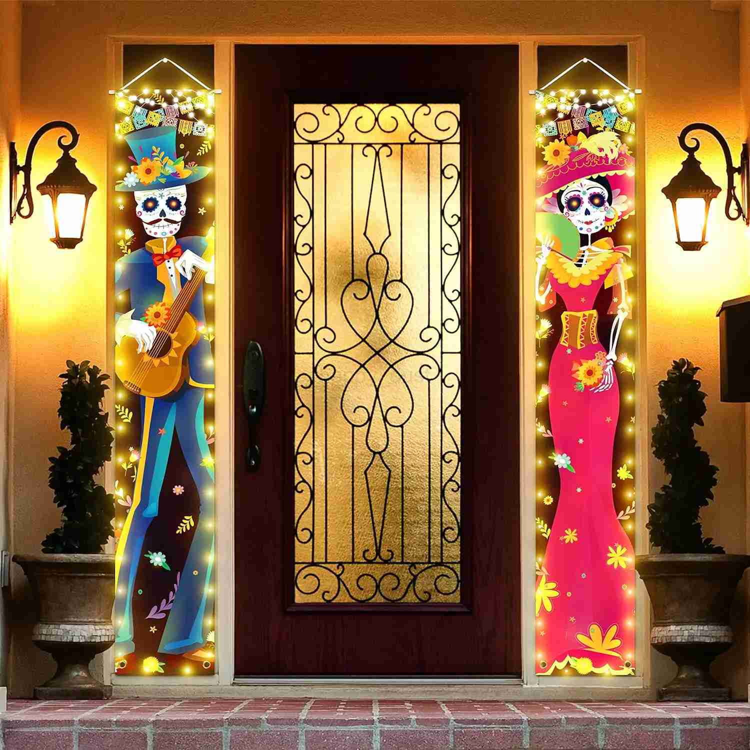 Halloween Lighted Porch Signs Banners Decorations Indoor Dia De Los Muertos Day of The Dead Outdoor Wall Door Couplet Decor 2PCSCL240725