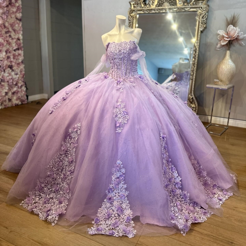 Lavender Shiny Off Shoulder Ball Gown Quinceanera Dresses 3D wers Appliques Lace Beads Tull Corset Sweet 16 Dress Vestido De 15 Anos