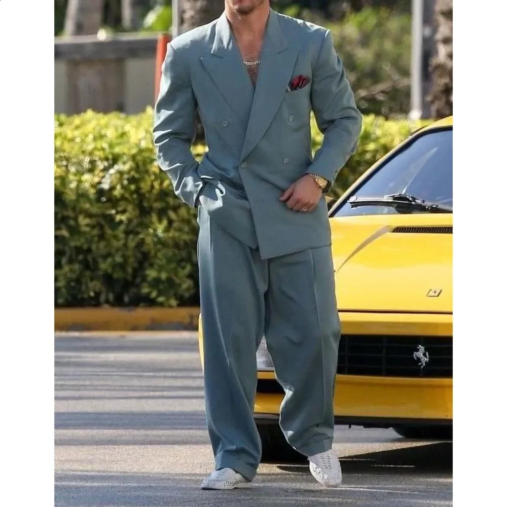 High Street Lapel Double Breasted Suits for Men 2 Piece Fashion Solid Prom Casual Male Suit Blazer with Pants 240724