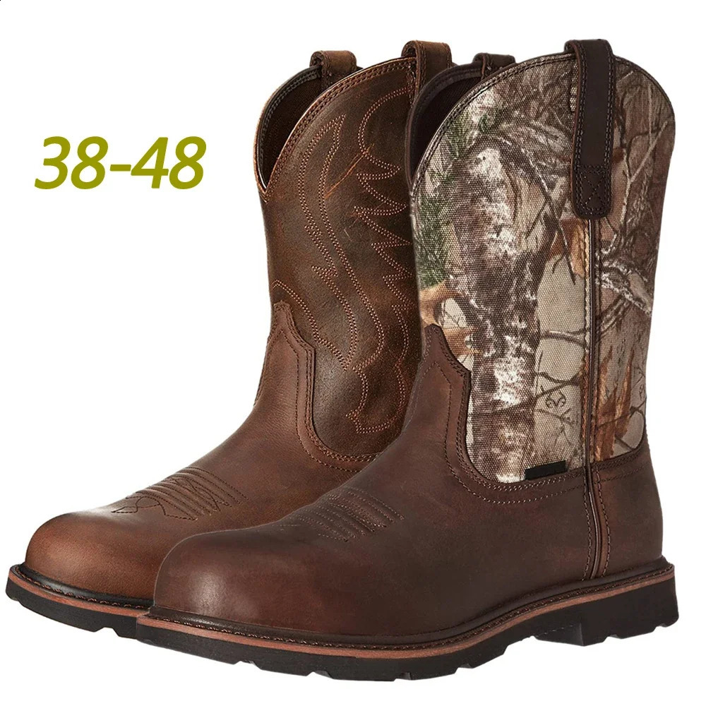 Men Western Boots Mid Calf Boots Embroidery Knight Boots Anti-slip Vintage Cowboy Boots Outdoors Leather Shoes Large Size 48 240719