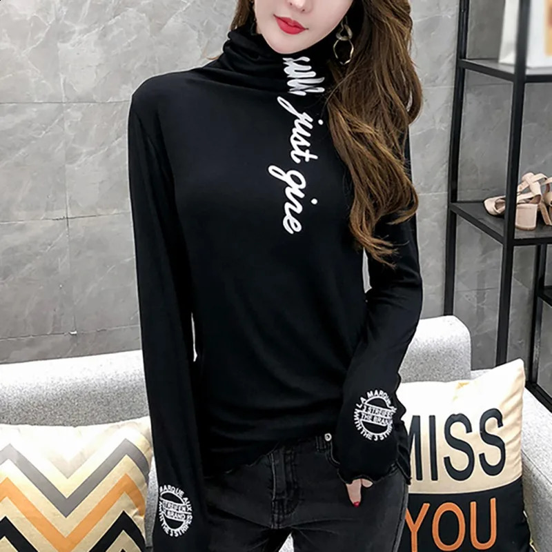 Womens simple casual thick letter printed T-shirt womens fashionable ultra-thin high neck long sleeved bottom wild casual T-shirt 240826