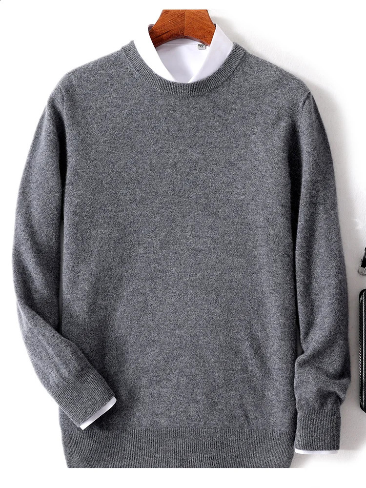 Mens solid color classic O-neck sweater autumn and winter 100% Merino wool knitted pullover long sleeve warm loose top 240821