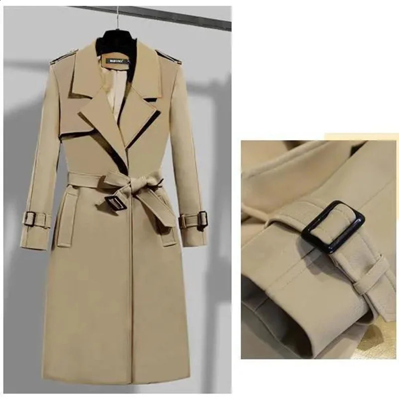 Elegant Belt Long Trench Coat Women Spring One Button Lined Slim Gabardina Office Lady Turndown Collar Fall Overcoat 240725