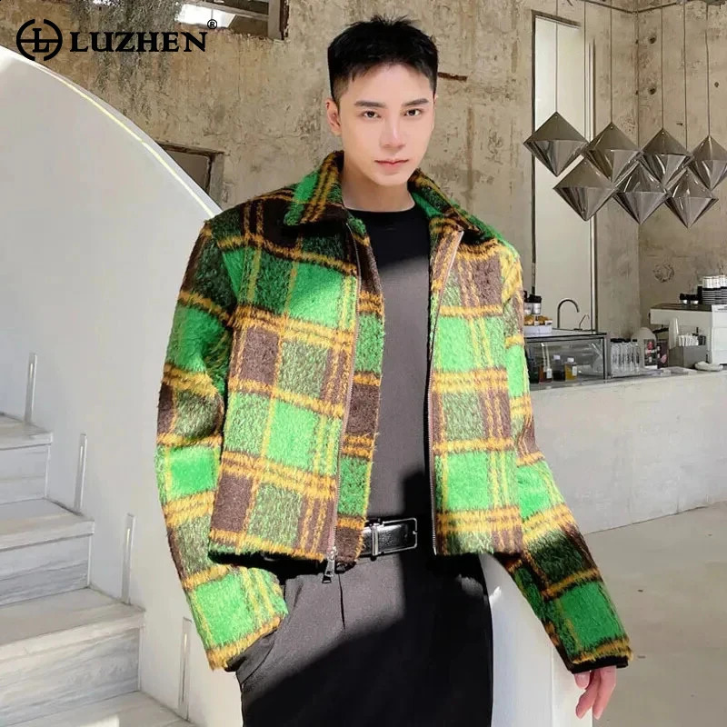 LUZHEN Mens Wool Plaid Brushed Blazer Coat Fashion Korean Elegant Jacket Trendy Clothes High Street 8cb5e1 240724