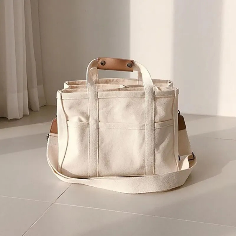 Womens casual canvas handbag with multiple pockets and large capacity adjustable shoulder straps shopping bag 240813