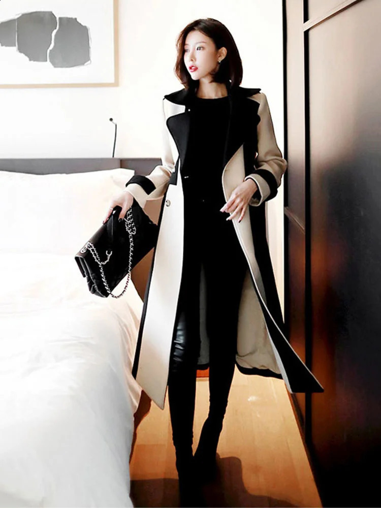 DEAT Woman Trench Coat Color Block With Belt Notched Full Sleeve Elegant High Street Style Autumn Fashion 15TT172 240716