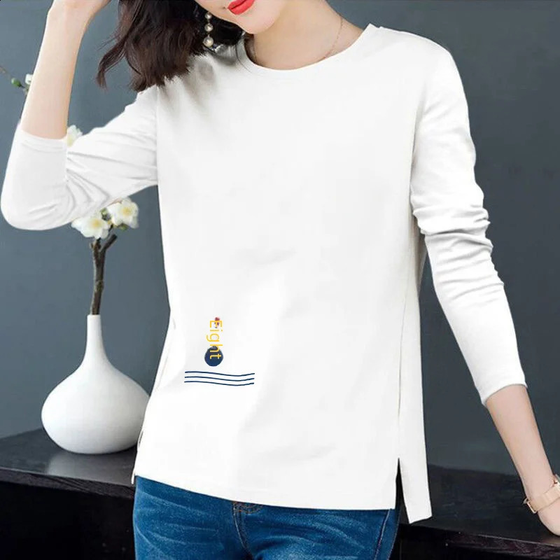 100 Cotton Spring Floral Print Pure Cotton Women T-shirt Full Split Base Shirt Round Neck Long Sleeve Slim Top 240806