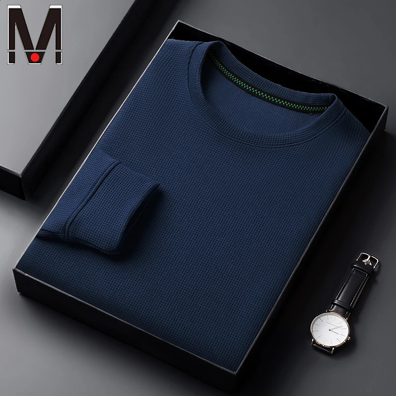 Mens Waffle Round Neck Long Sleeved T-shirt Summer Comfortable Top 240812