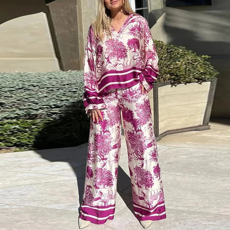 2024 Vintage Suit Sexy V Neck T-shirt Long Pants Outfits Summer Short Sleeve Loose Flare Sleeve Printed Ethnic Style Suit 240724