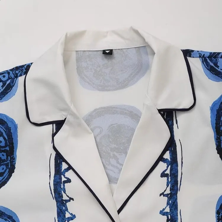 Vintage Blue Print Shirt Pants Suits For Women Casual Lapel Buttons Tops Wide Leg Pants Sets 2024 Pajama Style Streetwear 240724