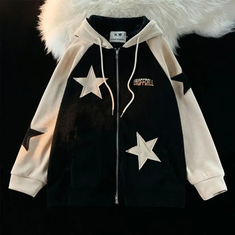 Y2K Harajuku Style Fashion Star Patch Zipper Hooded Women Streetwear Casual Joker Sweatshirt Unisex Stitching Tops 240806