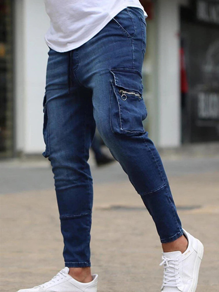 Mens Slim Fit Stretch Jeans Casual Fashion Multi Pocket Cargo Denim Pants High Street Mens Jeans Work Hip Hop Trousers 240725