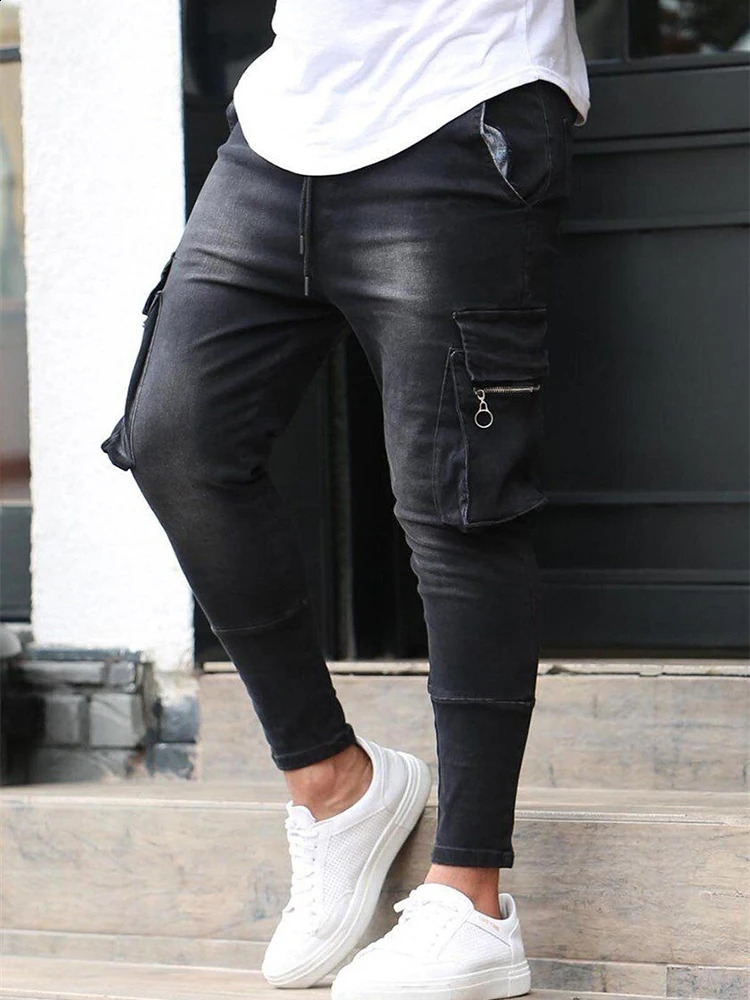 Mens Slim Fit Stretch Jeans Casual Fashion Multi Pocket Cargo Denim Pants High Street Mens Jeans Work Hip Hop Trousers 240725