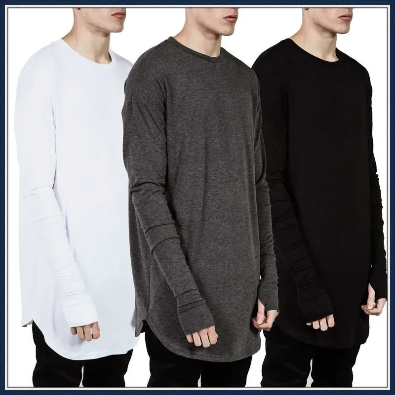 Quality Hip Hop T Shirt Full Mens Long Sleeve T-Shirt with Thumb Hole Cuffs Tees Shirts Curve Hem Men Street Wear Tops Plus Size 240820
