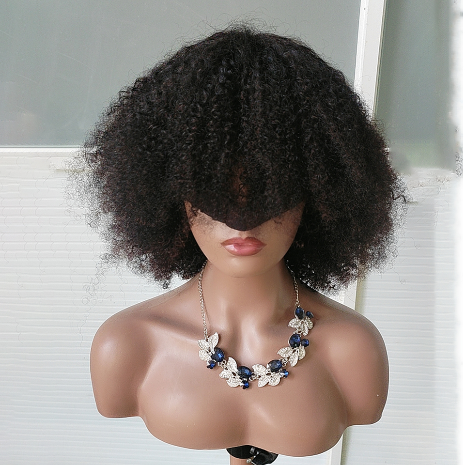 Afro Kinky With Bangs Full Hine Made Wig 150 Density Virgin Brazilian Short Curly Human Hair Wigs Natural Color