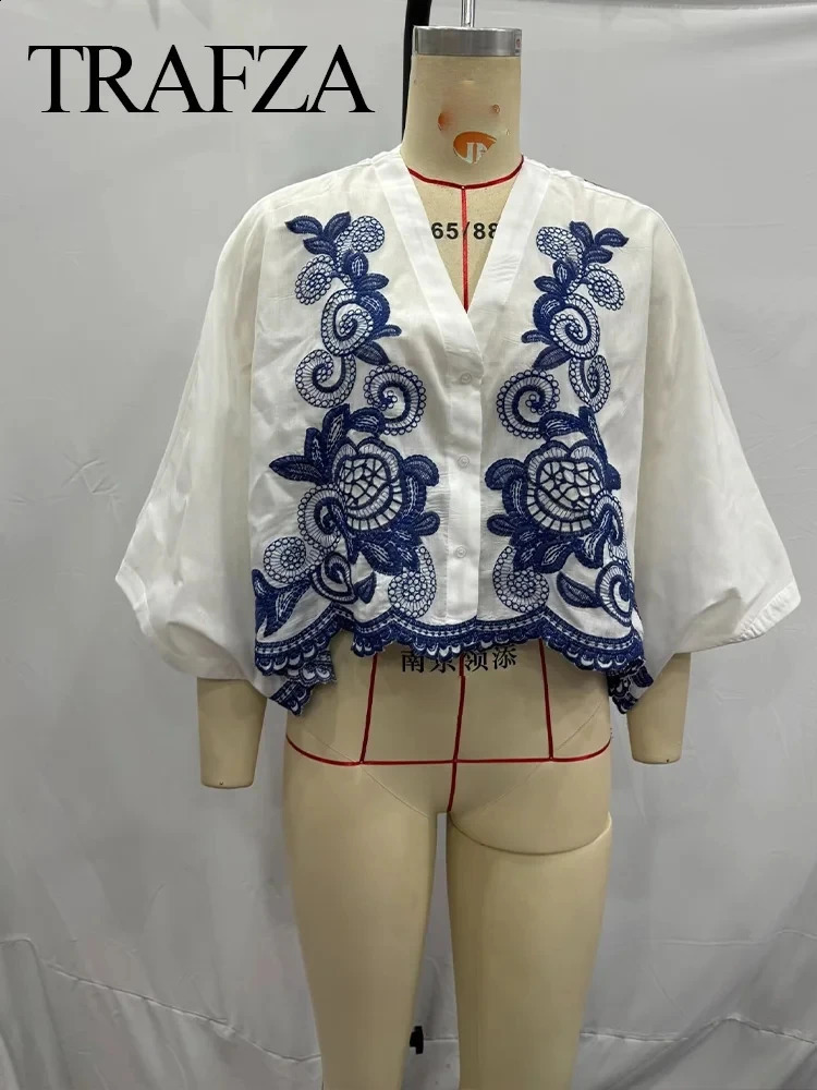 TRAFZA Elegant Women White Blue Embroidery High Waist Midi Skirt Loose Fit Woman Elastic Waist A Line Long Skirts For Holiday 240724