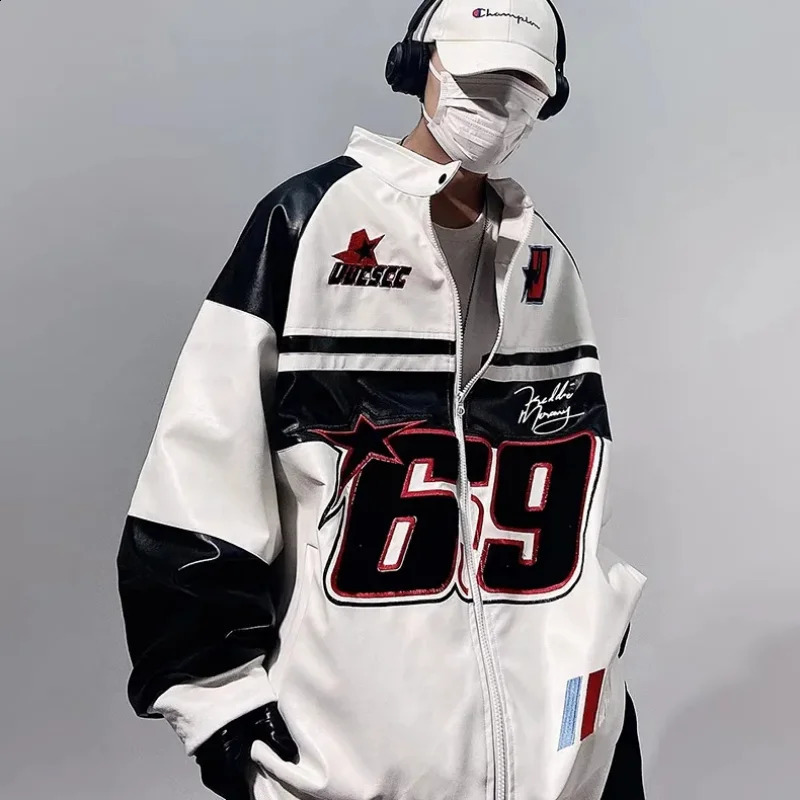 Bombe PU Jacket Men Flocking Embroidery Leather Y2k Vintage Varsity Jackets Racing Oversize Patchwork Baseball Jackets Unisex 240723