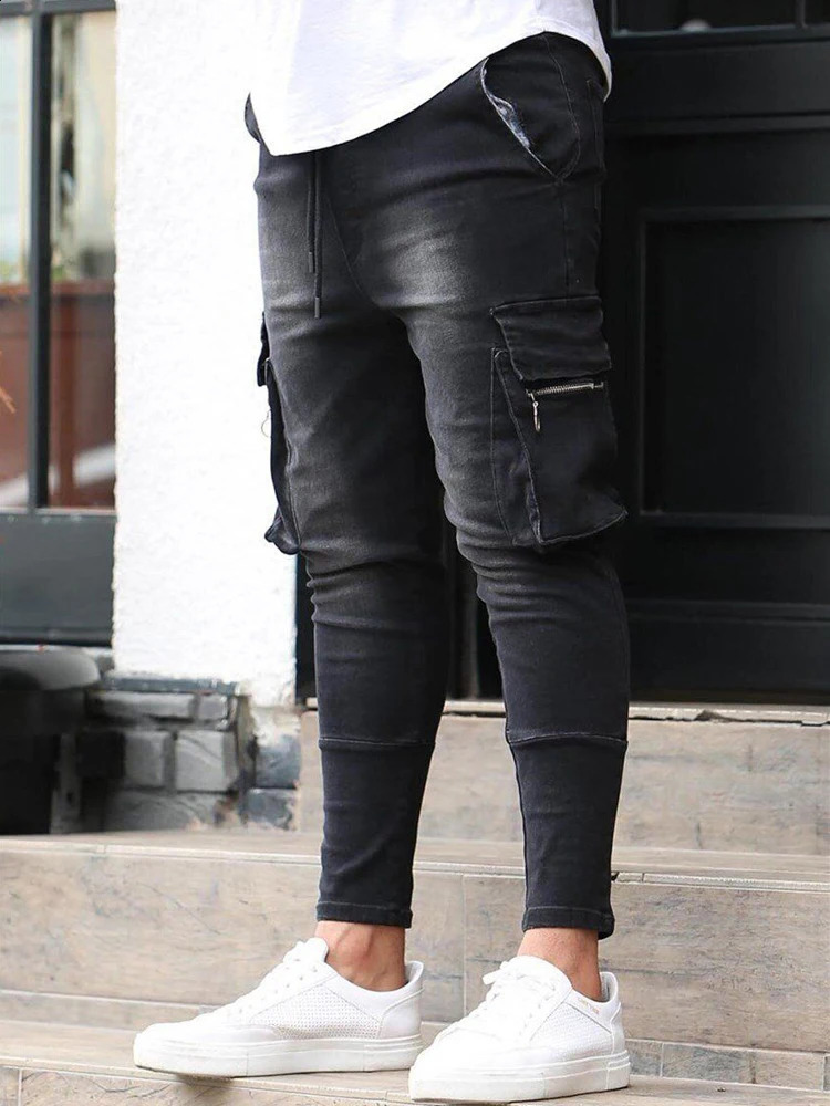 Mens Slim Fit Stretch Jeans Casual Fashion Multi Pocket Cargo Denim Pants High Street Mens Jeans Work Hip Hop Trousers 240725