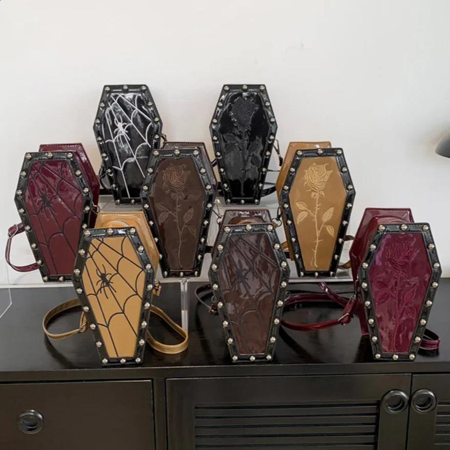 Novelty Halloween Coffin Shaped Satchel 3D Cartoon PU Rose Spider Crossbody Bag Y2K Cellphone Bag Gothic Trend Sling Purses 240725