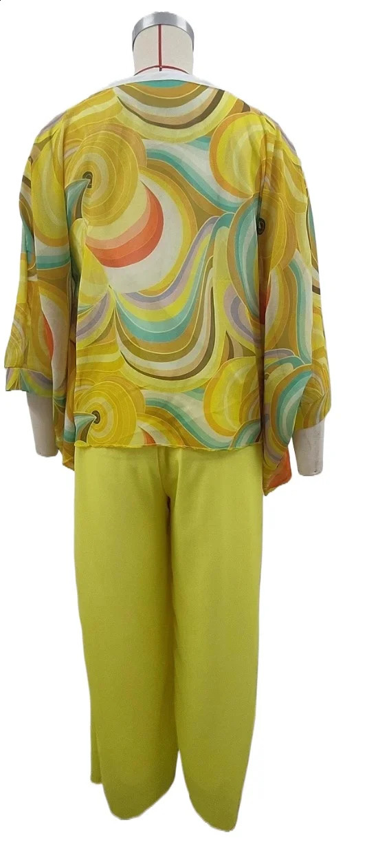 Womens Colorful Chiffon Set Two Piece Suit Summer Print Round Neck Bat Sleeves Irregular Top Wide Leg Pants Casual 2 Piece Set 240813