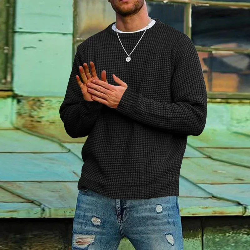 European and American mens clothing solid color trend and round neck bottoming knitted sweater mens 240725